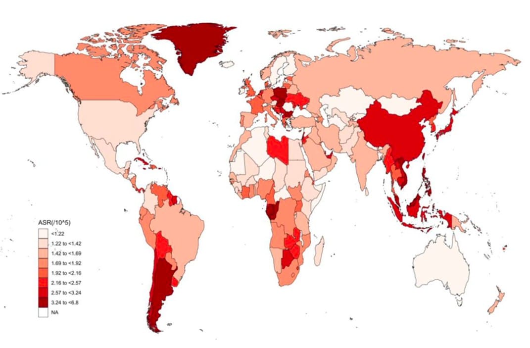 Distribuzione globale del tasso di mortalità standardizzato per l'età per CRC in relazione a bassi livelli di consumo di latte nel